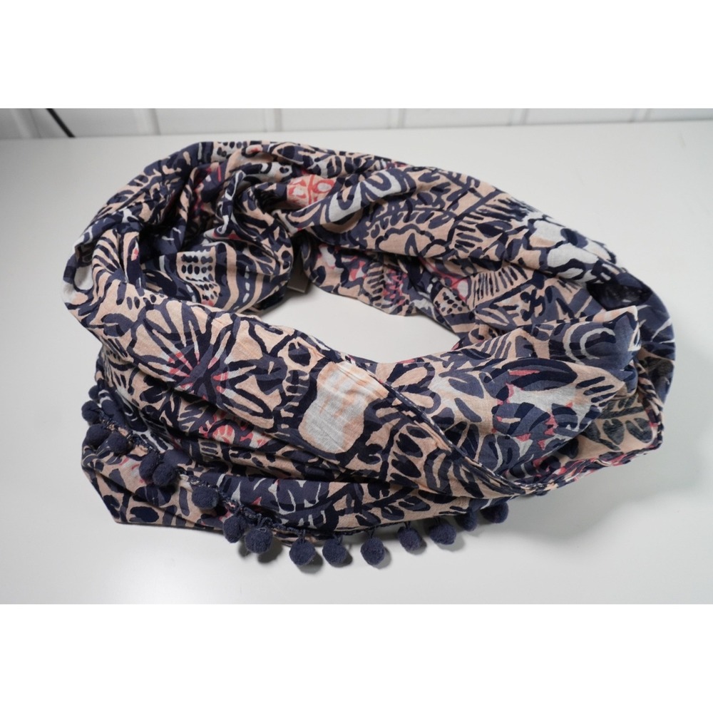 LOFT Ann Taylor Floral Pom Pom Infinity Scarf 100% Cotton Blue Pink Lightweight